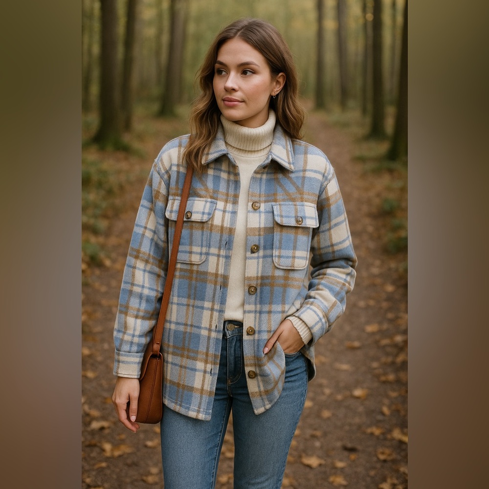 La Hearts Blue and Tan Plaid Utility Jacket Confy Cozy Cabincore Shacket